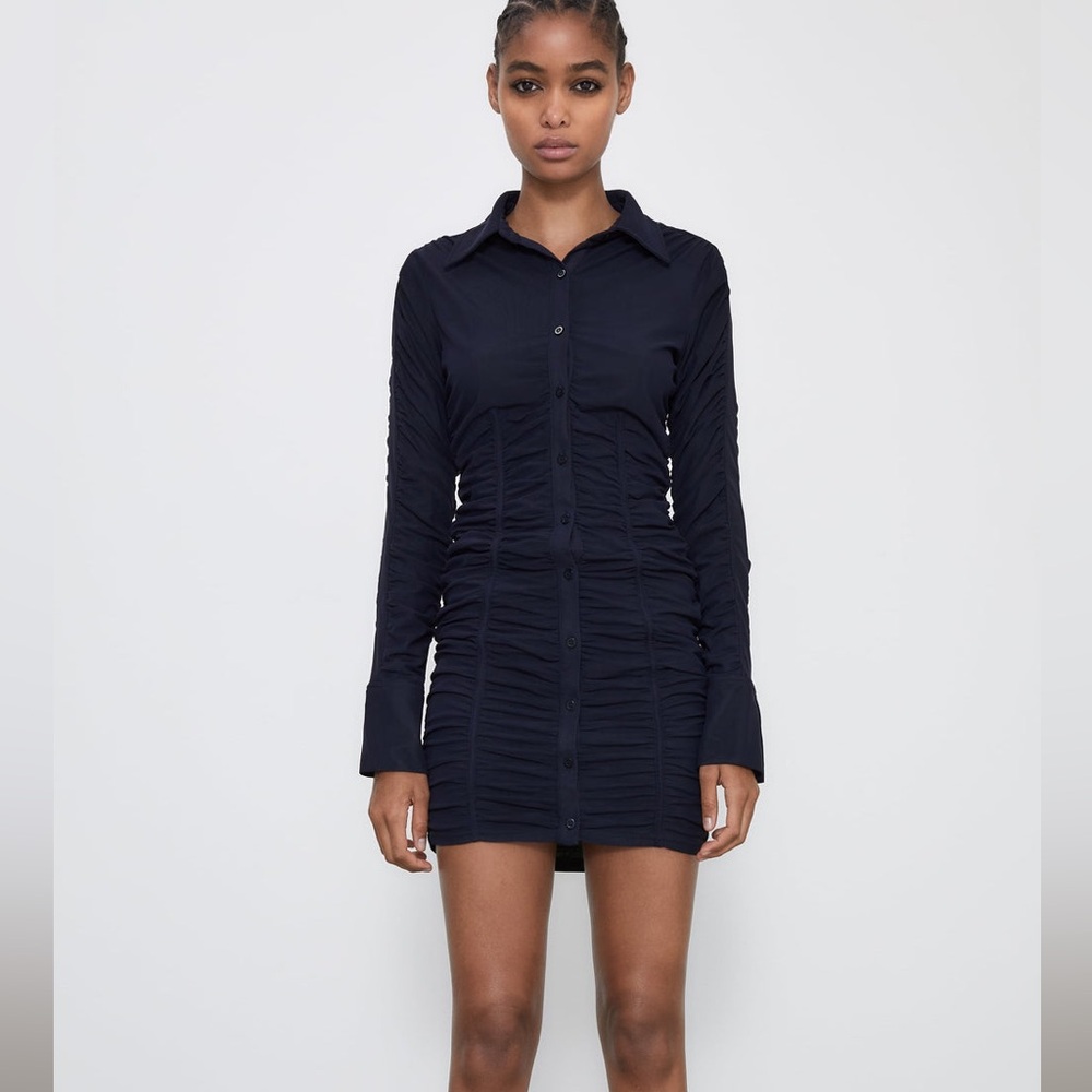 Zara Navy Ruched long sleeve Mini Dress